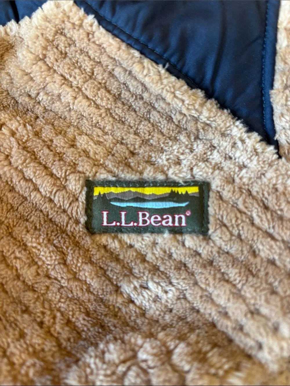 L.L. Bean Reversible Tan Sherpa Jacket /Navy Hood & Trim Boys Size Boys 12-18 M